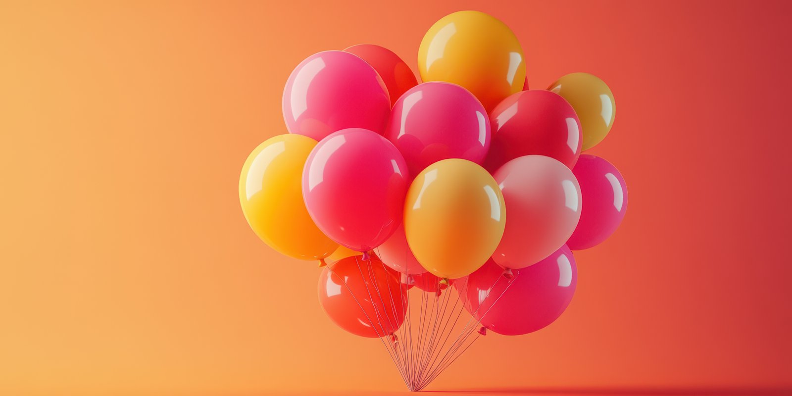 Colorful balloons floating against a vibrant orange background create a festive atmosphere perfect for celebrations
